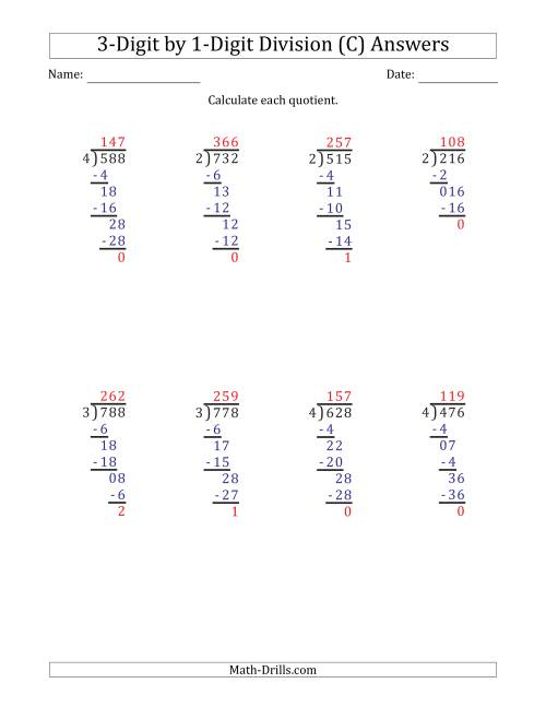 3 Digit By 1 Digit Long Division With Remainders And Steps Shown On 