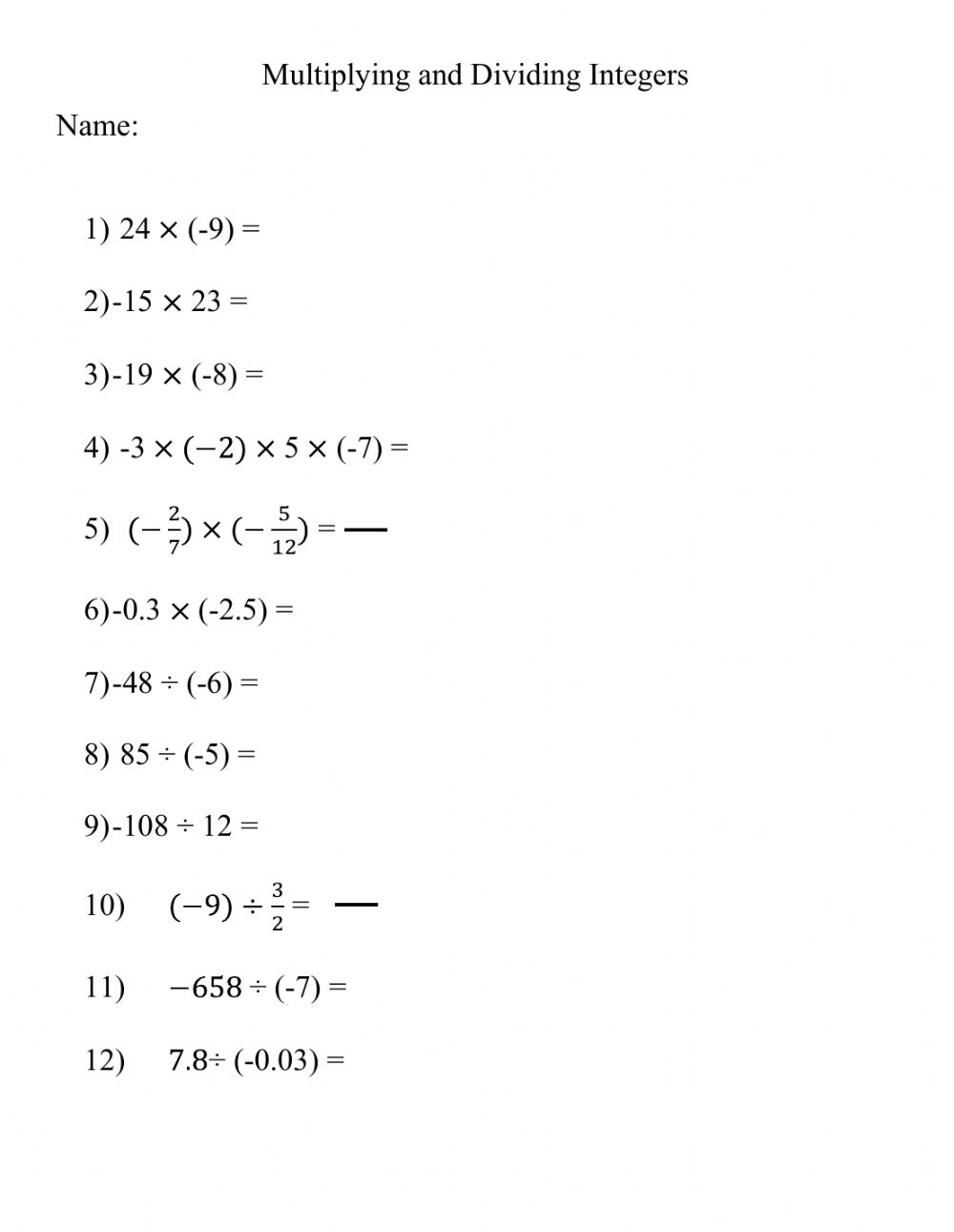 Multiplication And Division With Integers Worksheets
