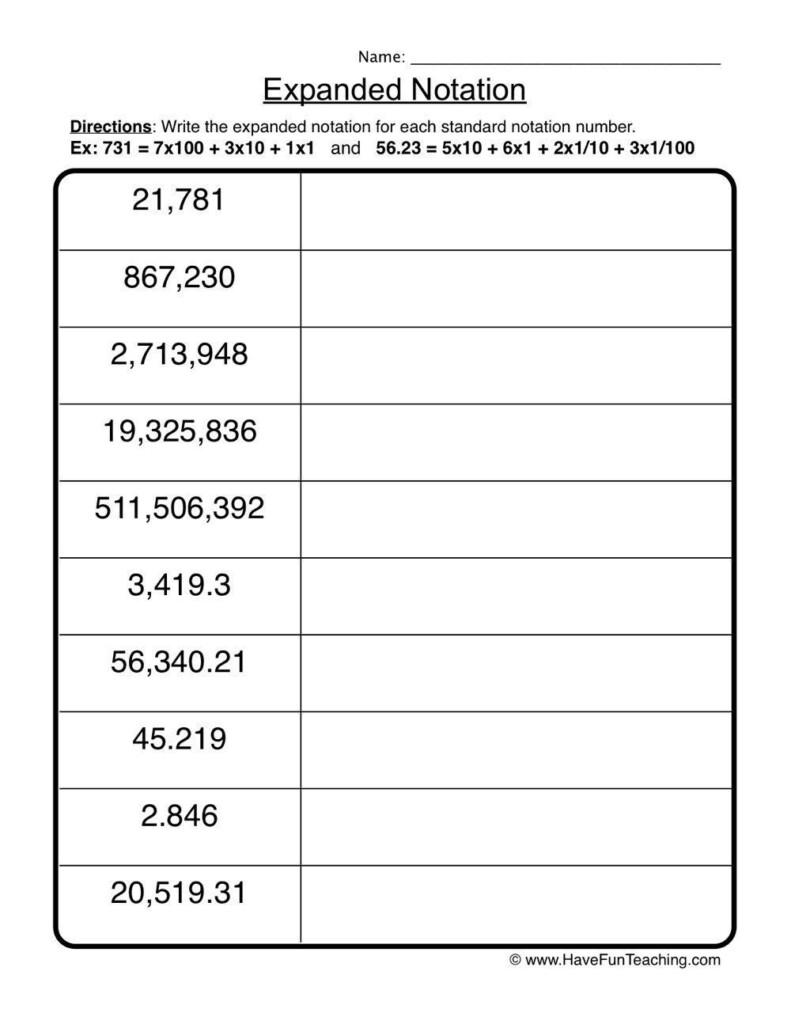 4th Grade Expanded Notation Worksheets Printables Math Worksheets