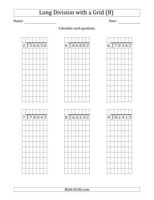 5 Digit By 1 Digit Long Division With Grid Assistance And NO Remainders B