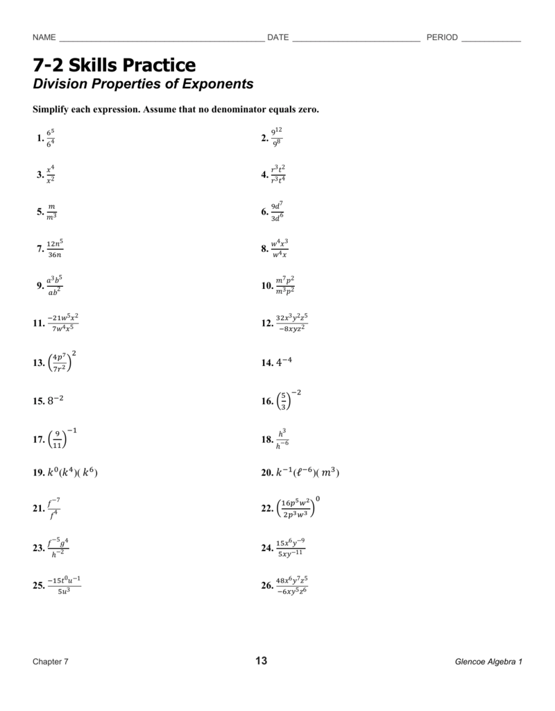 7 2 Skills Practice Division Properties Of Exponents