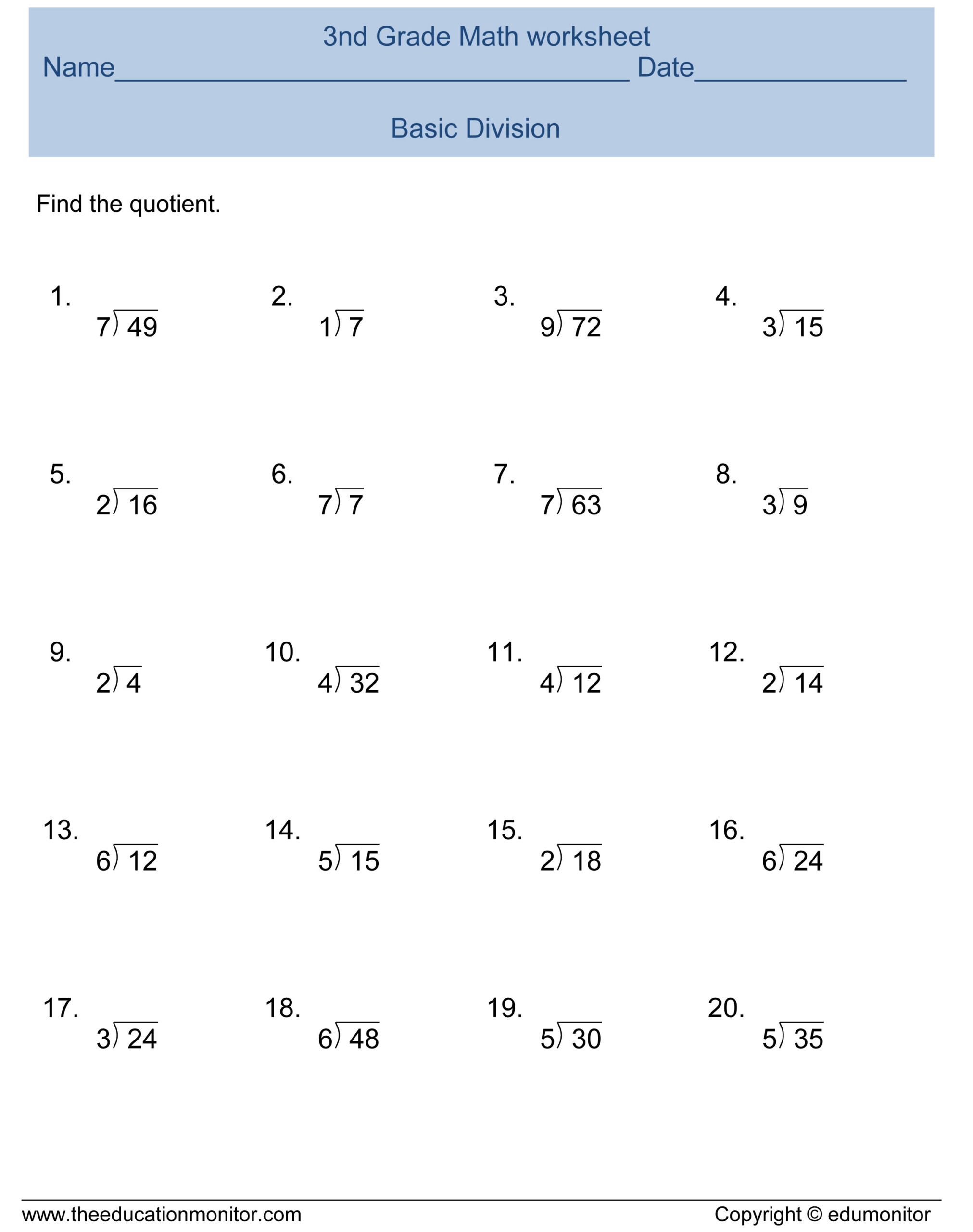Basic Division Math Worksheet Archives Edumonitor 3rd Grade Math