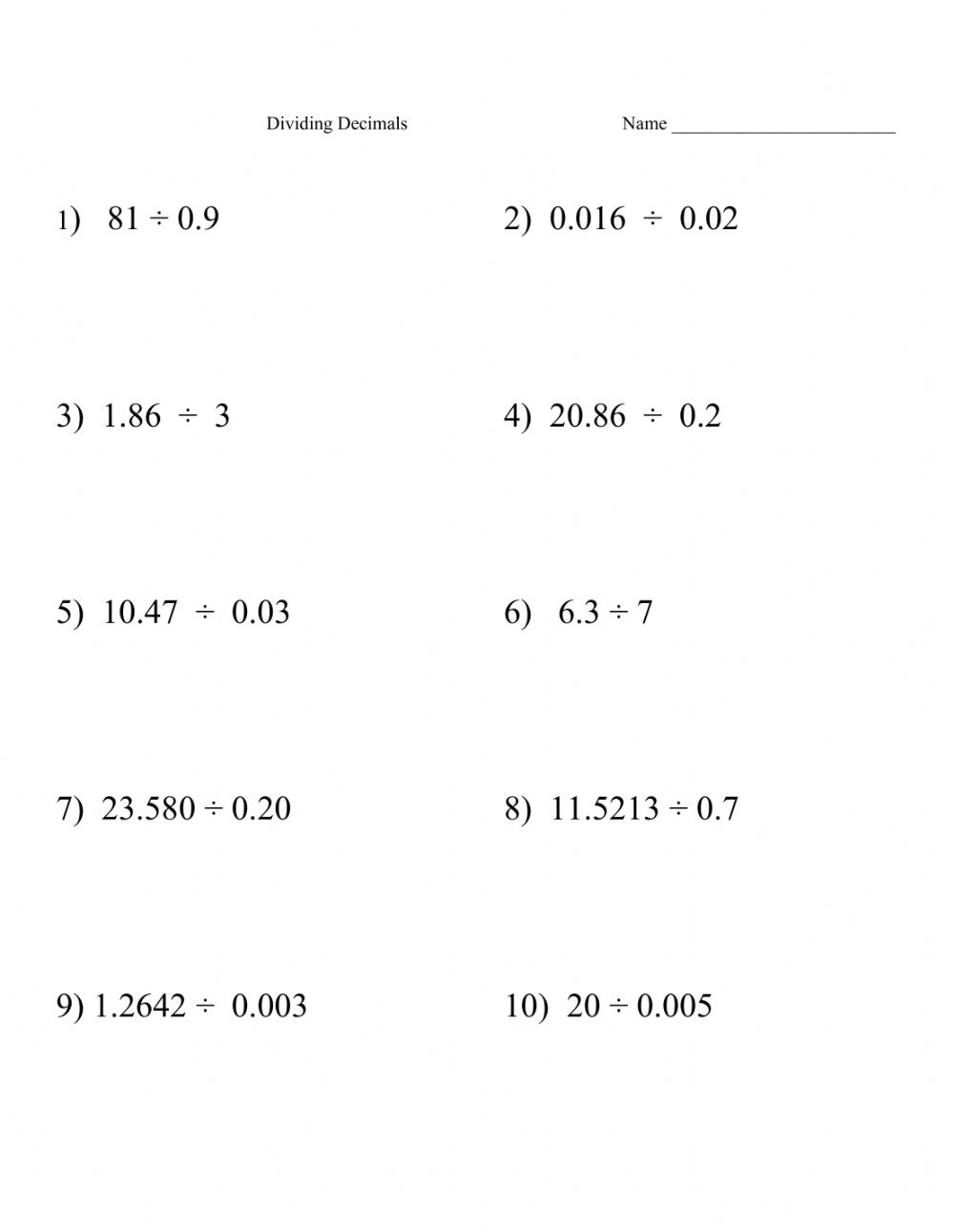 division decimals worksheets grade 5