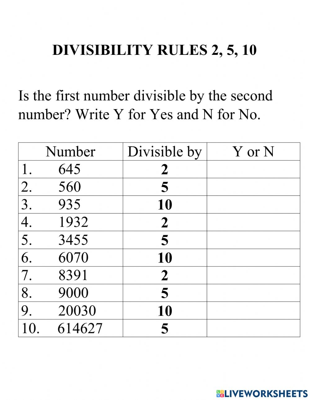 Divisibility rules 2 5 10 worksheet divisonworksheets
