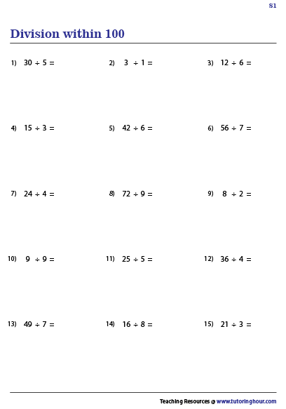Division Within 100 Worksheets Division Worksheets Worksheets Division