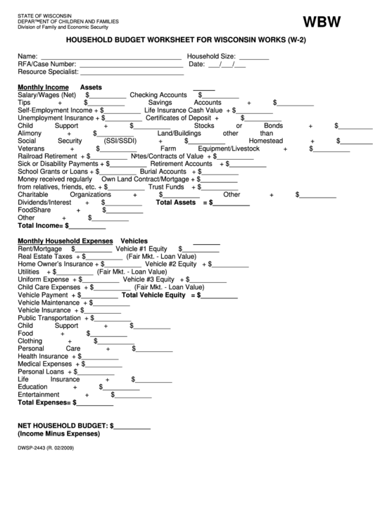 Form Dwsp 2443 Household Budget Worksheet For Wisconsin Works W 2 