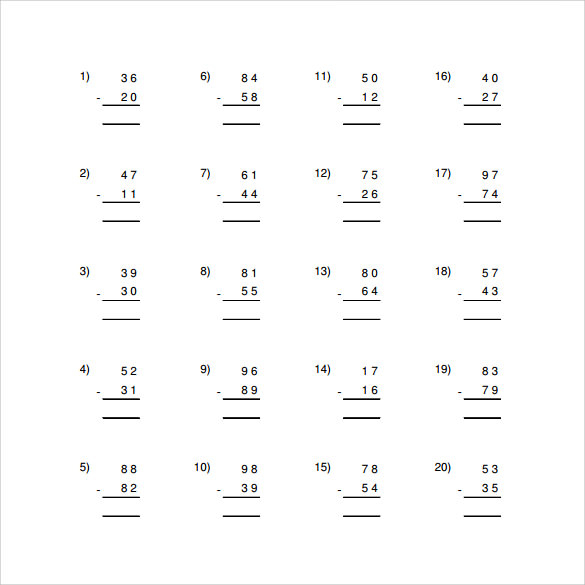 FREE 12 Sample Vertical Subtraction Worksheet Templates In PDF MS Word