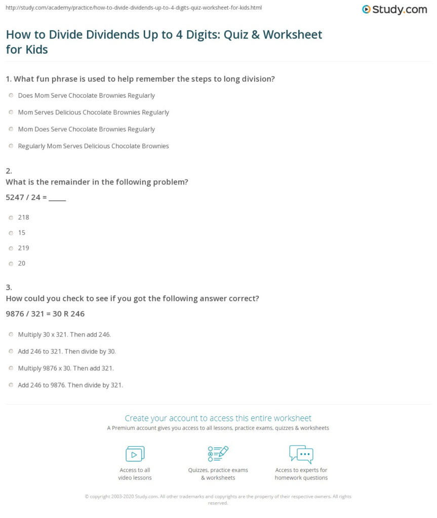 How To Divide Dividends Up To 4 Digits Quiz Worksheet For Kids 