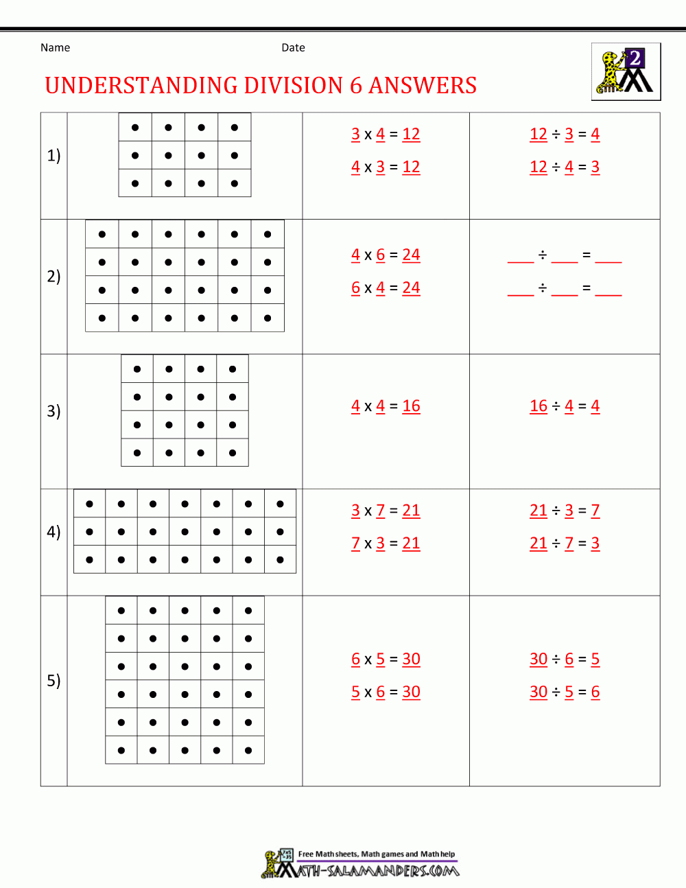 Division Using Arrays Worksheets