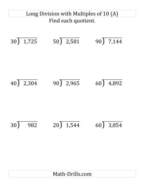 Long Division By Multiples Of 10 With Remainders Large Print