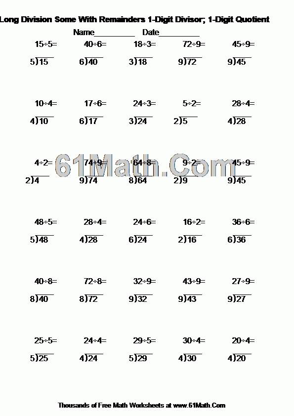 Long Division Some With Remainders 1 Digit Divisor 1 Digit Quotient 
