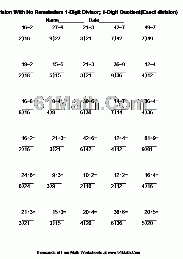 Long Division With No Remainders 1 Digit Divisor 1 Digit Quotient