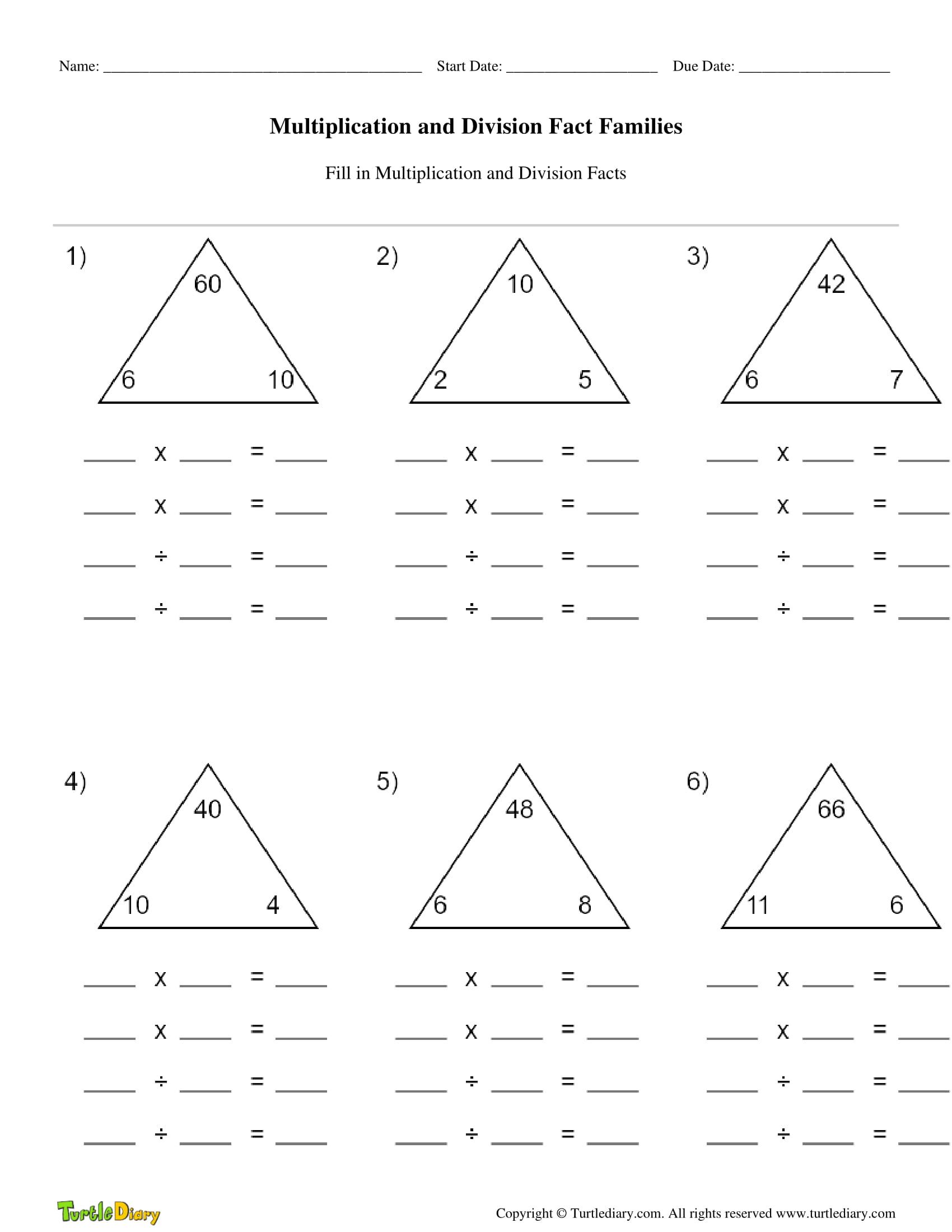 Multiplication And Division Fact Families Turtle Diary