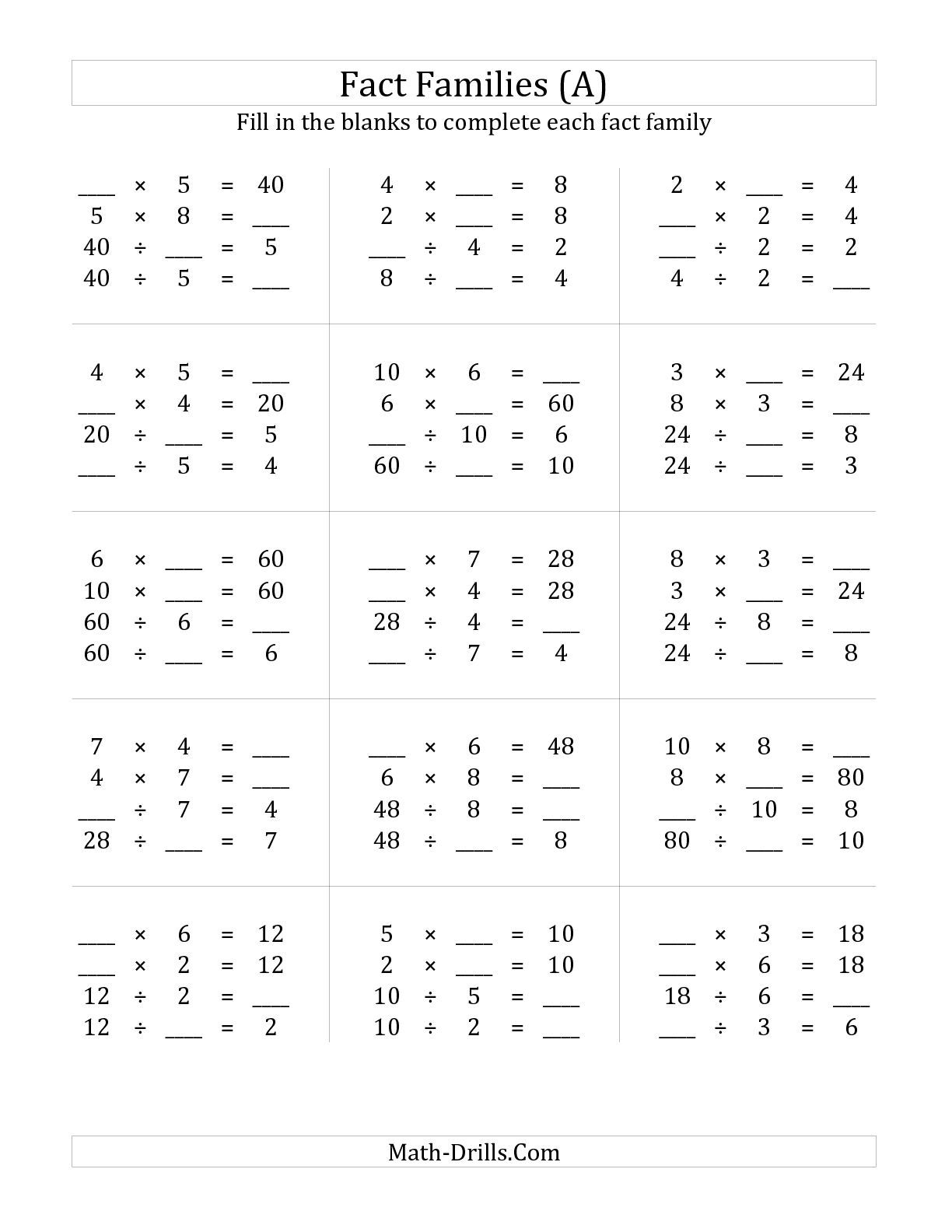 Multiplication and division fact families worksheets 3rd grade
