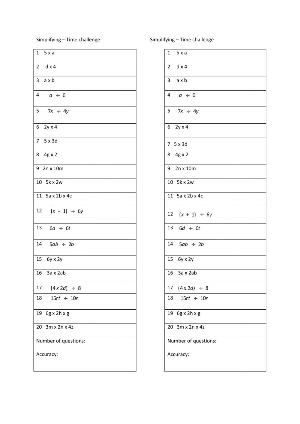 Multiplying And Dividing Algebraic Expressions Worksheet