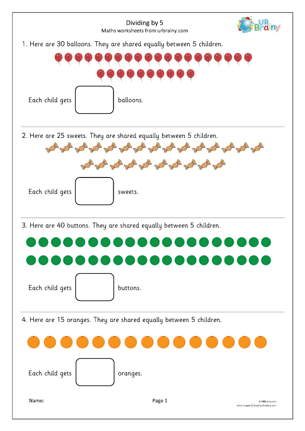 Sharing Into 5 Equal Groups Division Maths Worksheets For Year 2 age 