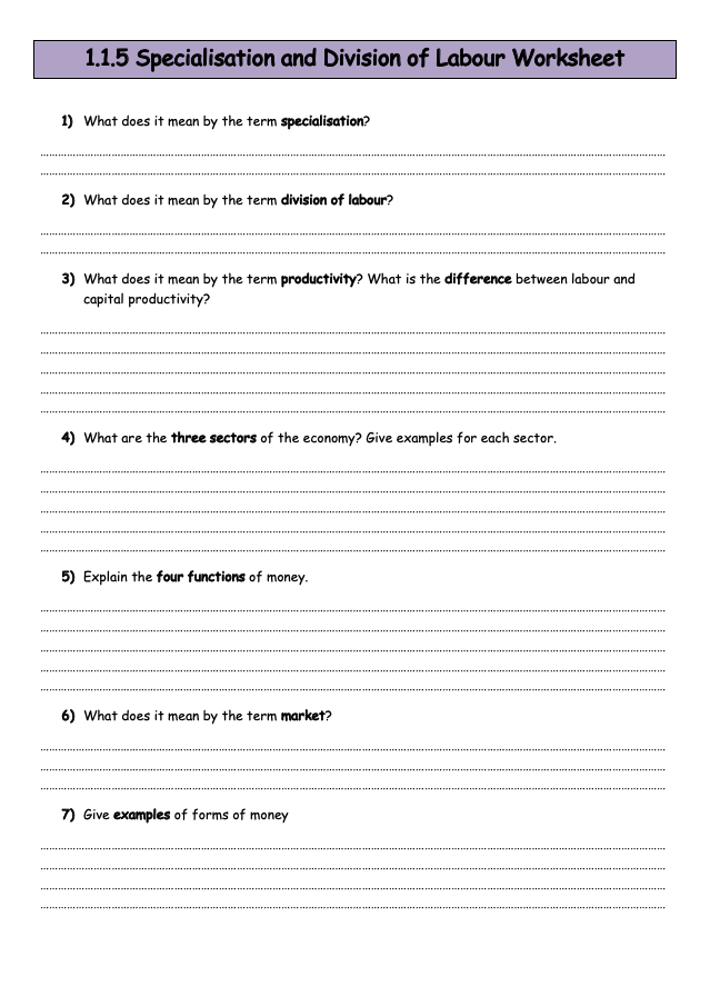 Specialisation The Division Of Labour Worksheet A Level Economics