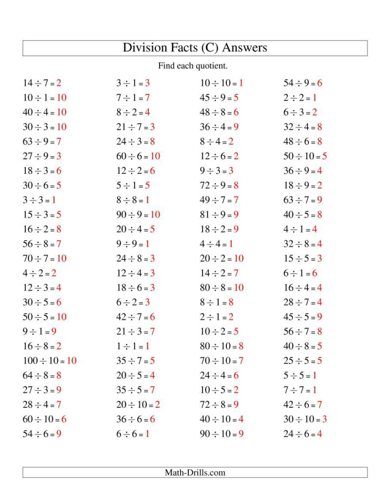 The Division Facts To 100 No Zeros C Math Worksheet Page 2 Division 