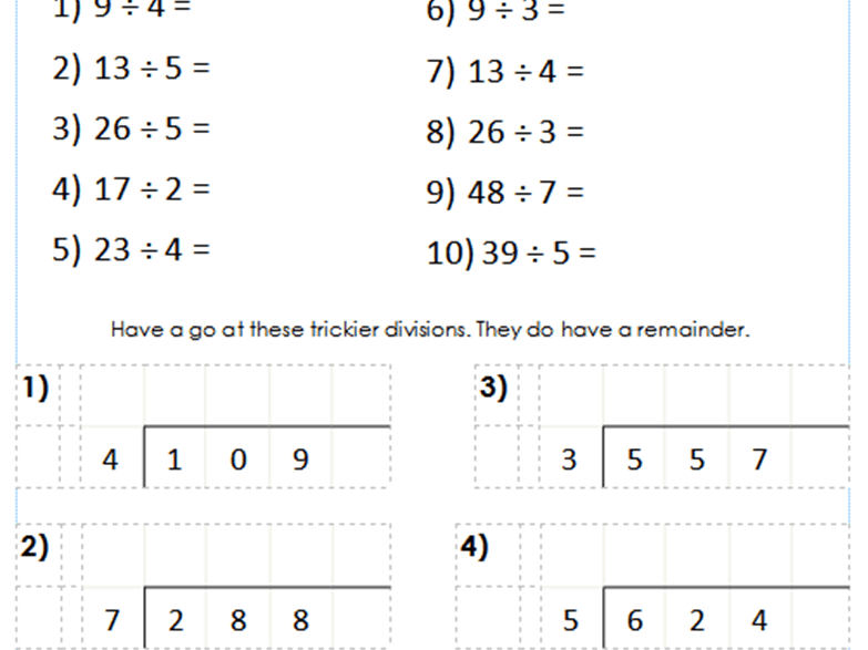 Year 5 6 Short Division bus Stop Introducing Remainders Worksheets