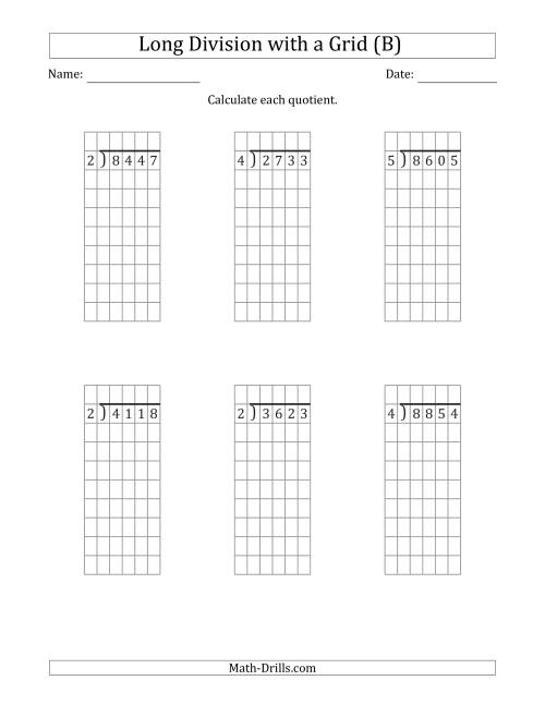 4 Digit By 1 Digit Long Division With Remainders With Grid Assistance B 