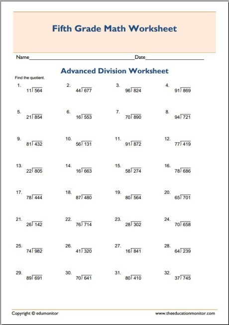 5th Grade Advanced Division Math EduMonitor