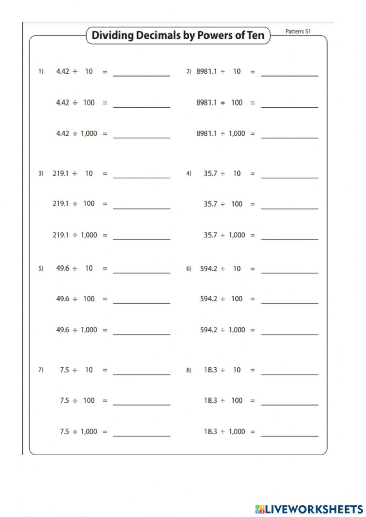 Divide Decimal Patterns Worksheet