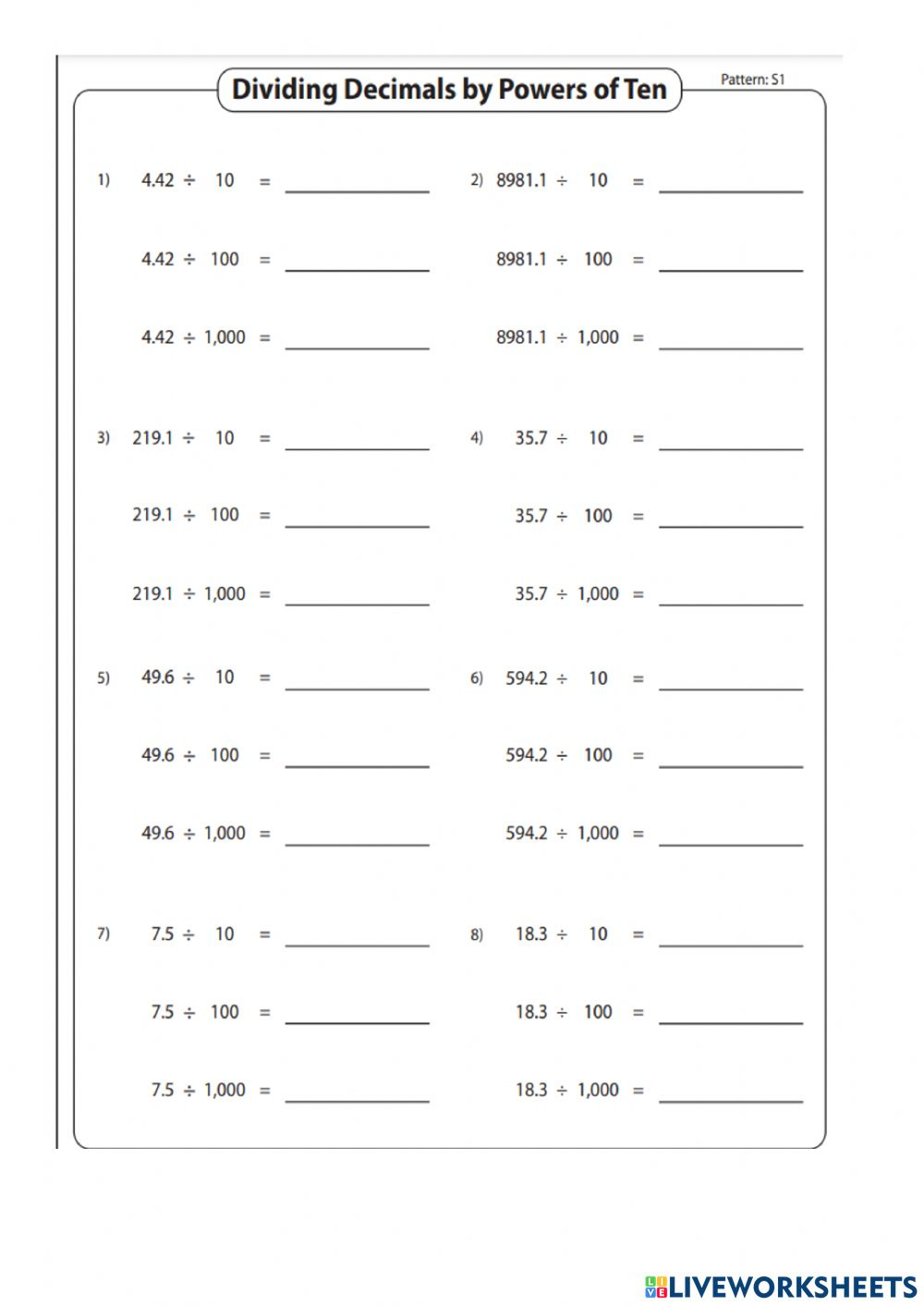 Divide Decimal Patterns Worksheet