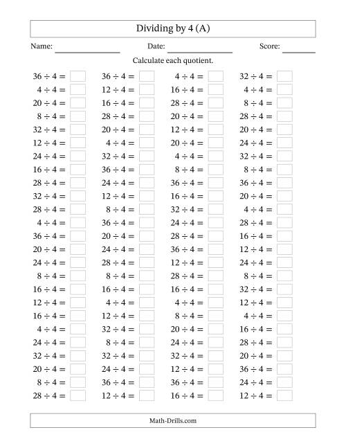Dividing By 4 With Quotients From 1 To 9 A