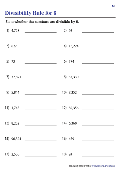 Divisibility Rule For 6 Worksheets