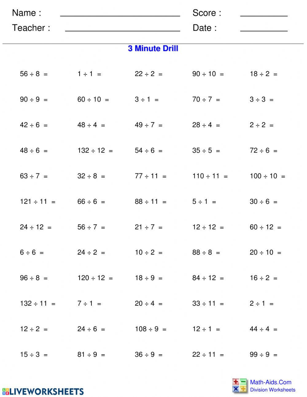 Division Practise Worksheet