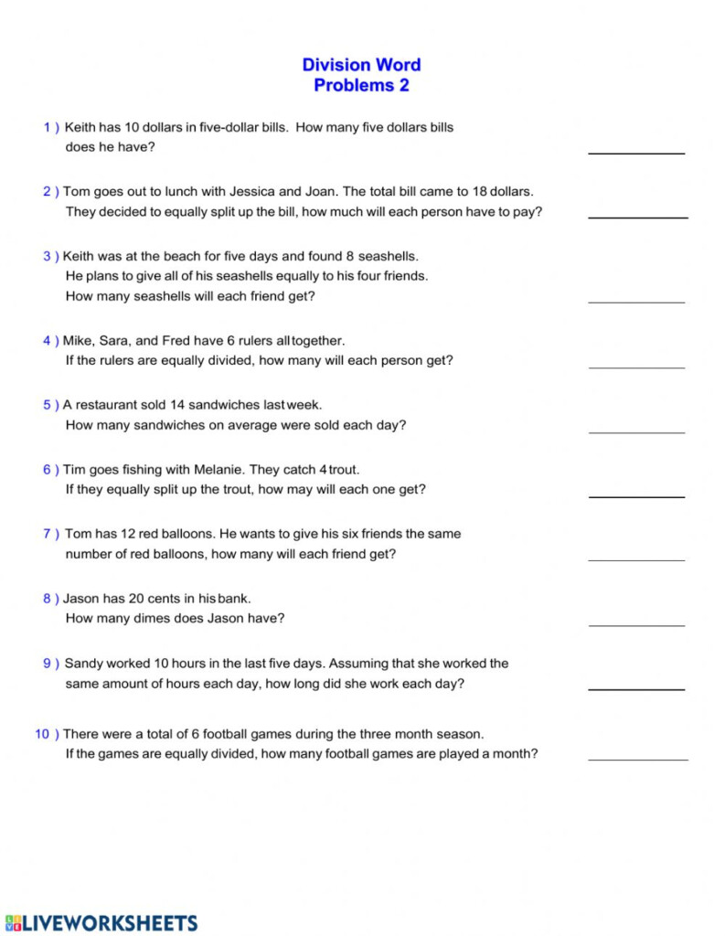 Division Word Problems 2 Worksheet