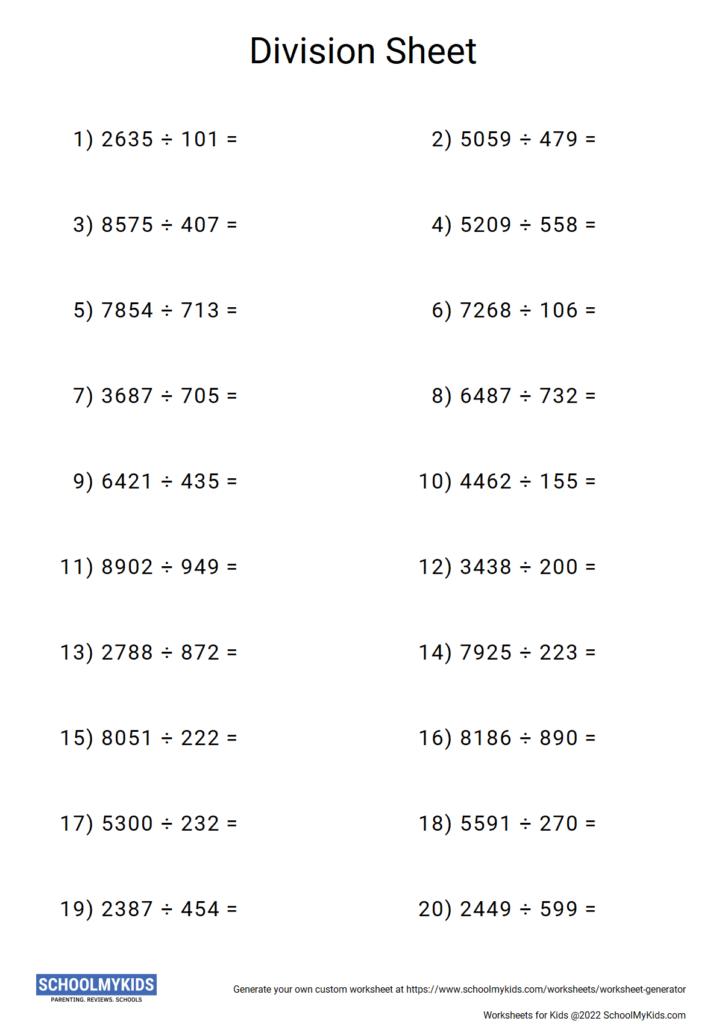 Division Worksheet Generator Math Worksheet Creater SchoolMyKids