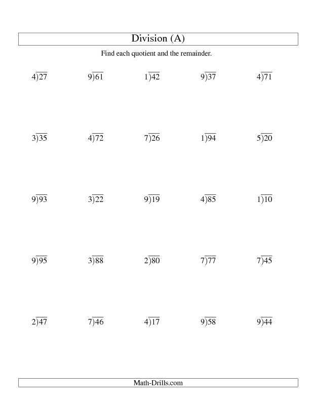 Division Worksheet Long Division One Digit Divisor And A Two Digit 