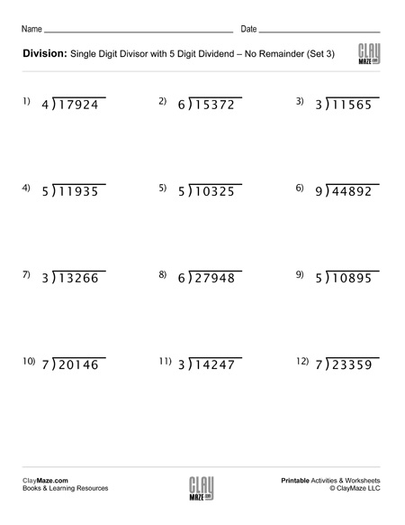 Division Worksheet With Single Digit Divisors Set 3 Childrens 