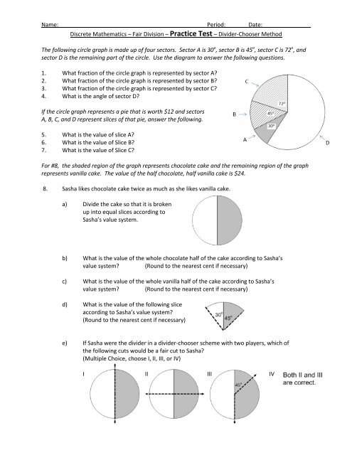 Fair Division Practice Test Divider Chooser Method The 