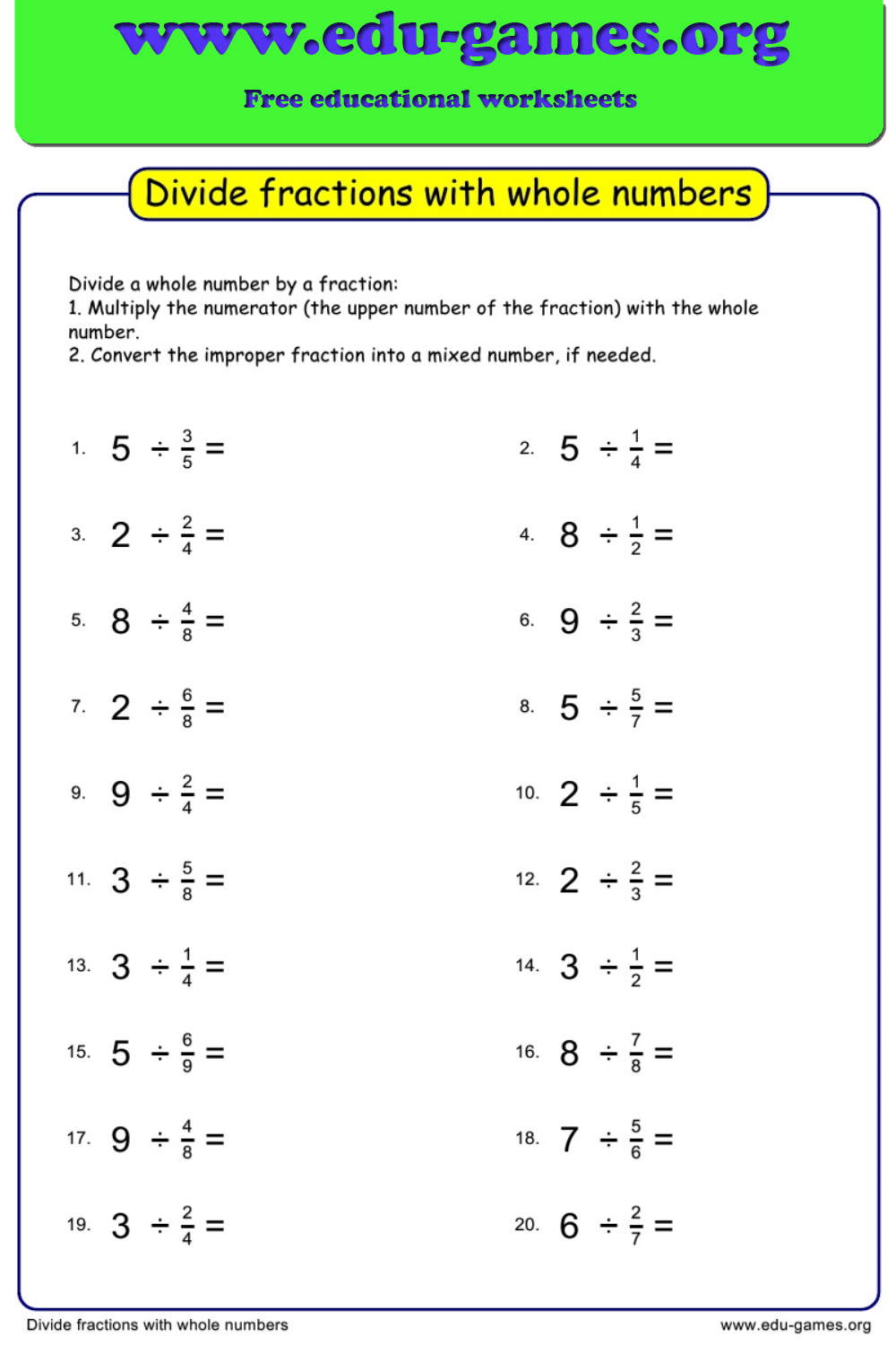 Free Worksheets For Dividing Fractions With Whole Numbers Dividing