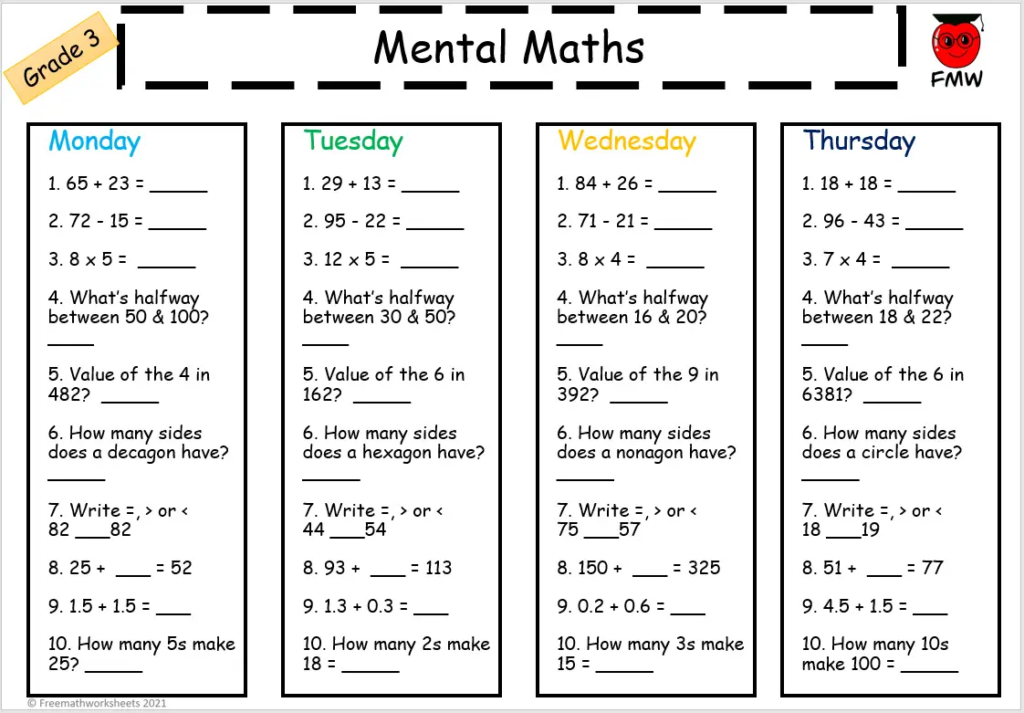 Grade 3 Mental Math Worksheets Free Worksheets Printables