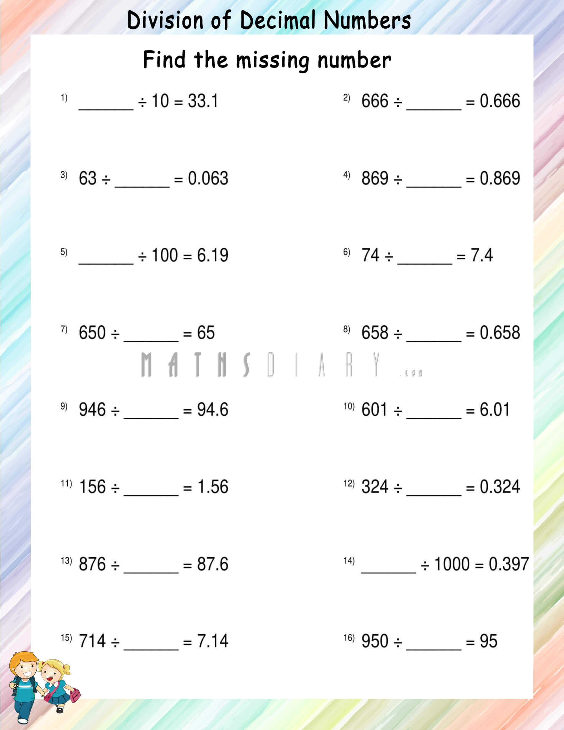 Grade 4 Mental Division Worksheet Division Facts Missing Numbers K5