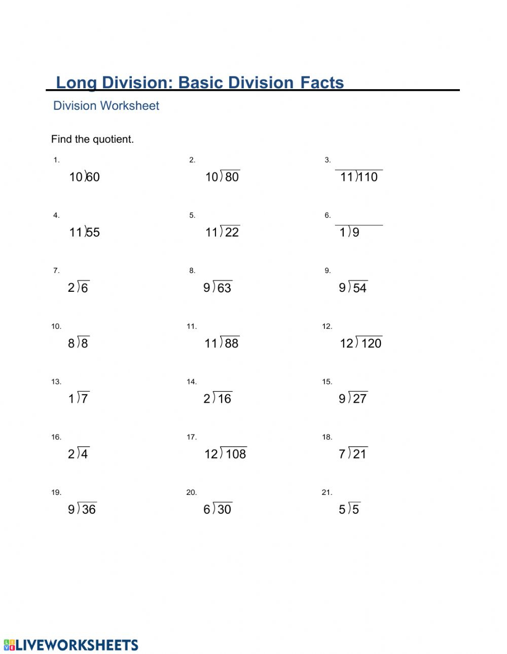 Basic Division Facts Worksheet - Divisonworksheets.com