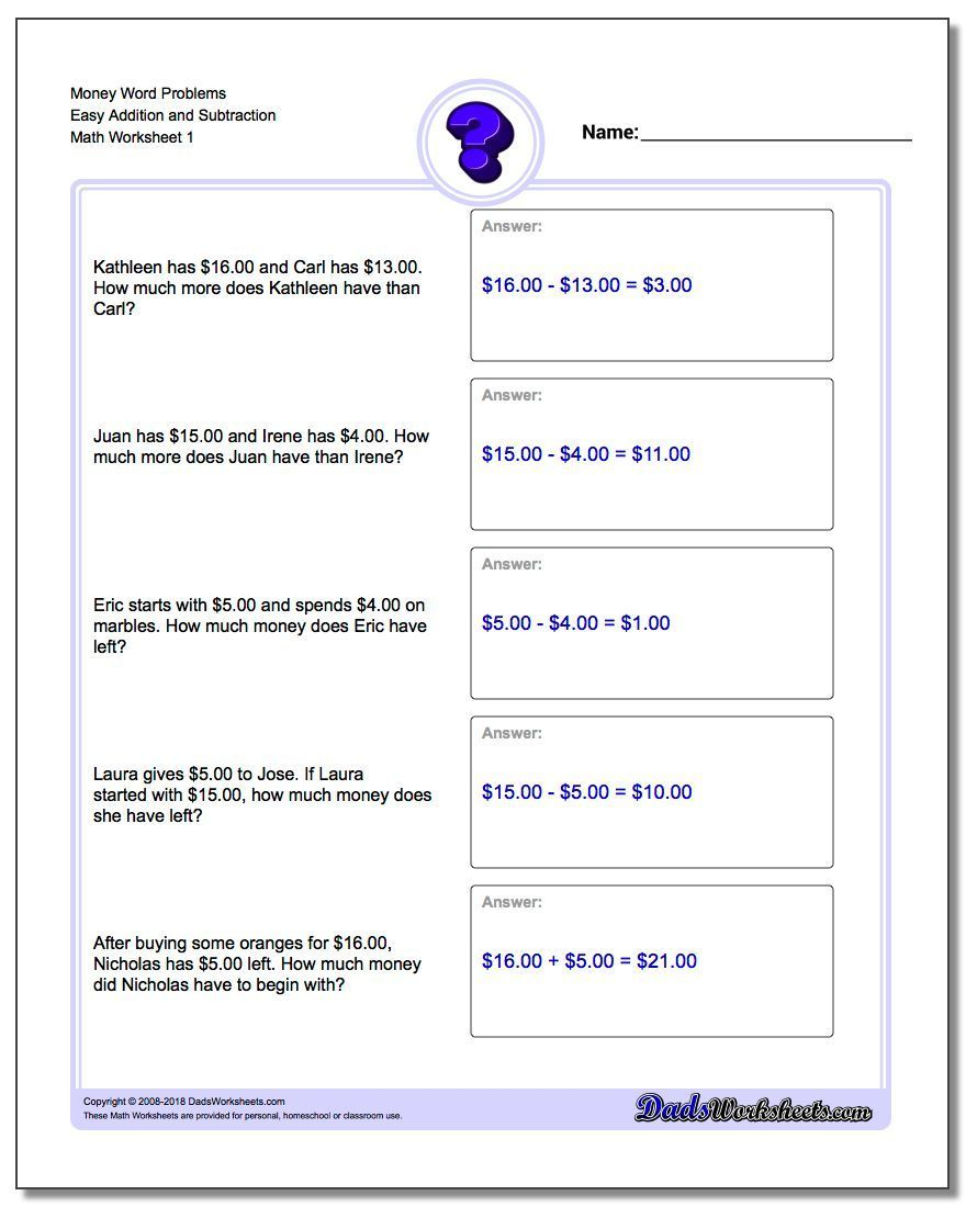 Money Word Problems Includes Addition Subtraction Multiplication