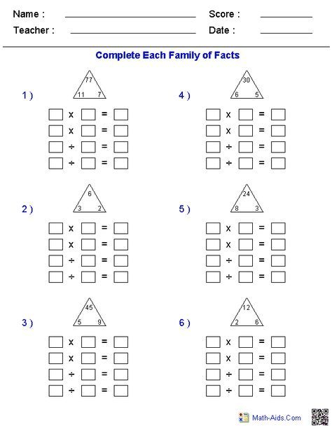 Multiplication And Division Fact Family Worksheets Fact Family