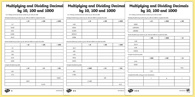 Multiplying And Dividing Decimals Worksheet 10 100 1000