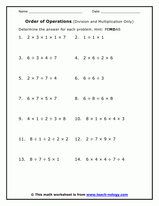 Pemdas Worksheet 6th Grade