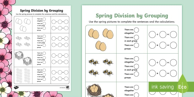 Spring Themed Division By Grouping Worksheet Twinkl