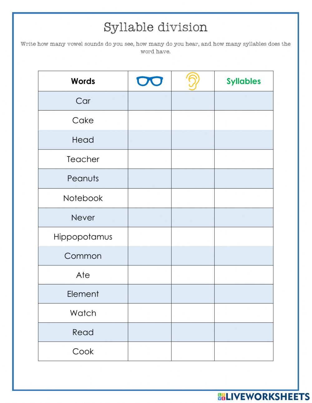 Syllable Division Interactive Worksheet