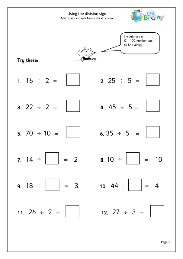 Using The Division Sign Division Maths Worksheets For Year 3 age 7 8