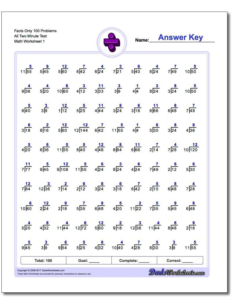 Vertically Arranged Division Facts To 144 A Division Worksheets For 