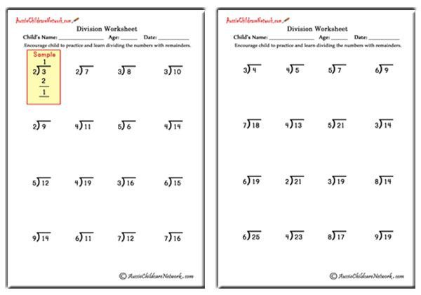 Worksheets Of Single Digit Quotient Division with Remainders